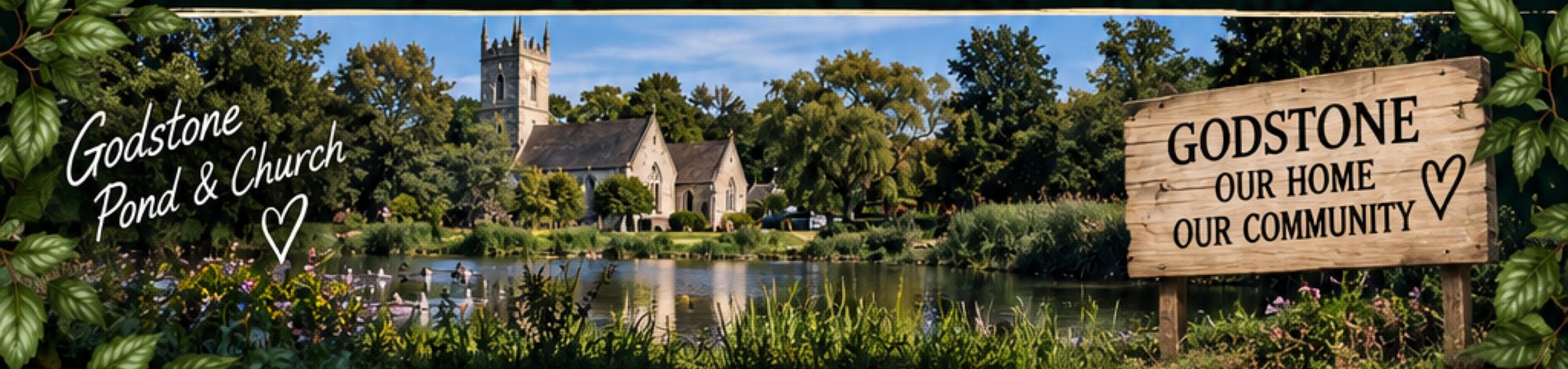 Godstone pond and church, with a wooden sign reading Godstone, our home, our community