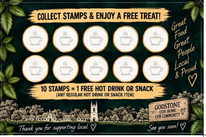 The back of the loyalty card with ten stamp circles: 10 stamps equals one free hot drink or snack