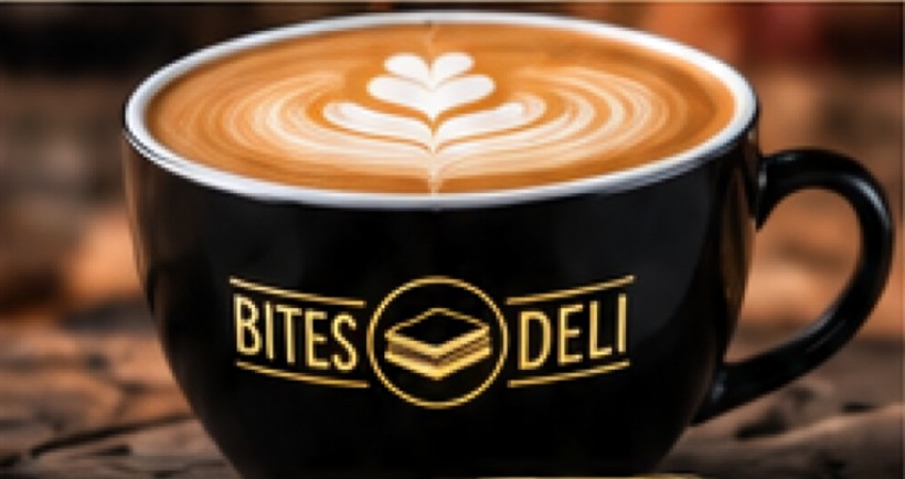 A coffee with latte art in a Bites Deli cup