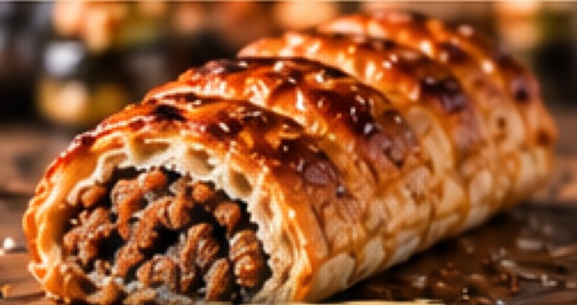 A hot sausage roll, cut to show the filling