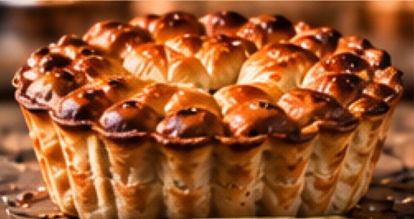 A golden butchers-made pie on a wooden board